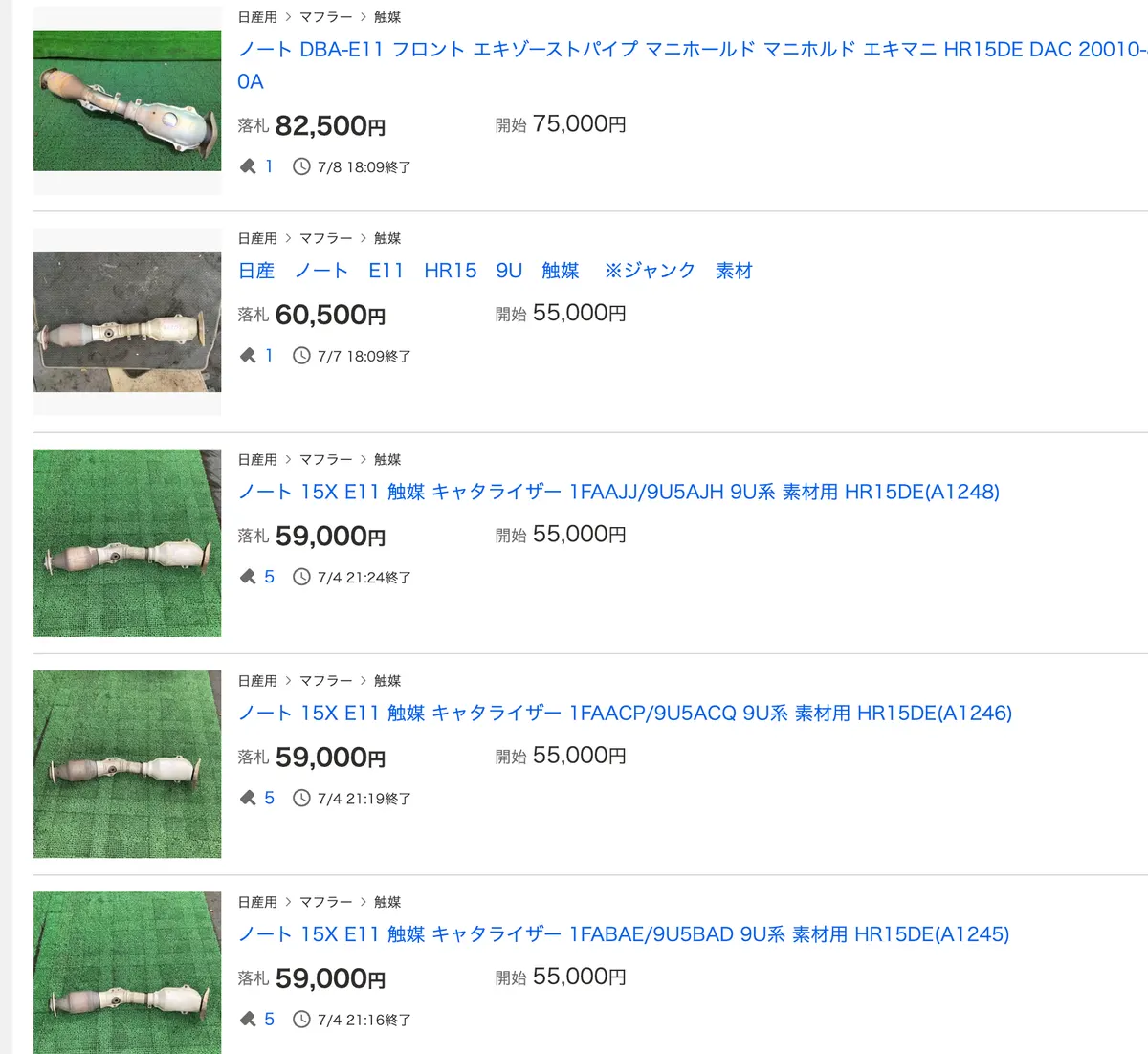 ヤフオクでE11ノートの触媒の落札相場を検索した結果。落札5.9万〜8.25万円が並ぶ